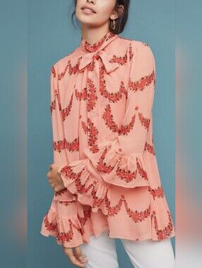 Anthropologie Nikasha Bishop Blouse Coral Floral Ruffle Long Sleeve Size XSP